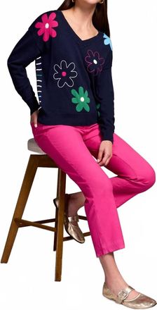 Tribal Embroidered Daisy Flowers Front Cotton Sweater In Navy