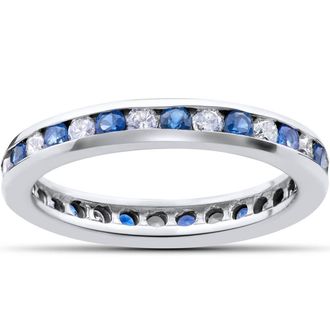 Pompeii3 1 1/2ct Diamond & Sapphire Eternity Ring 14K White Gold Size Selectable