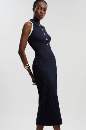 Karen Millen Womens Rib Knit Military Colour Block Sleeveless Midi Dress - Navy Polyamide - Size X-Small