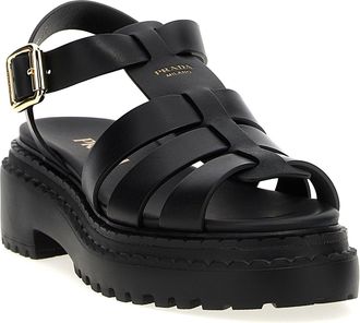 Prada Womens Black Calfskin Flat Sandals