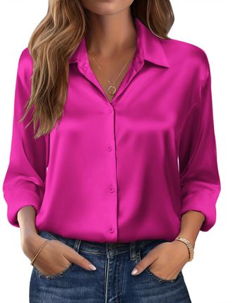 Zeagoo Ladies Silk Blouse Elegant V-Neck Satin Shirt Suitable for Casual Spring Days Long Sleeve Shirt in Basic Autumn Dark Pink M