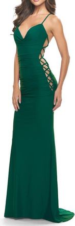 La Femme Unique Jersey Dress with Open Criss Cross Sides in Emerald at Nordstrom, Size 00