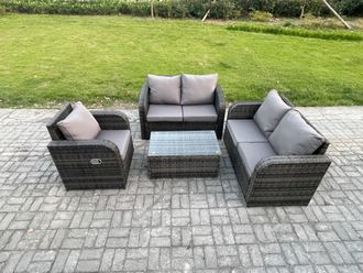Fimous High Back Rattan Garden Furniture Set with Loveseat Sofa Rectangular Coffee Table Indoor Outdoor Patio Lounge Sofa Set Dark Grey Mixed