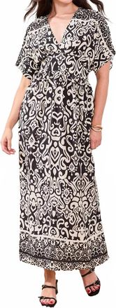 Tribal Printed Soft Challis V-Neck Empire Waist Maxi Dress In Black
