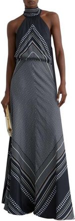 Reiss Skylar High Neck Scarf Print Maxi Dress in Navy at Nordstrom, Size 10 Us