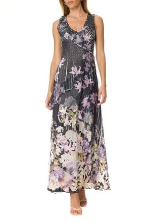 Komarov Border Print Chiffon and Chrarmeuse Long Dress in Orchid Border at Nordstrom, Size Medium