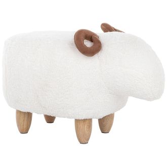 Beliani Puf Animal Cordero Taburete Para Ni&ntilde;os Tejido De Poli&eacute;ster Blanco Patas De Madera Reposapi&eacute;s Lamb