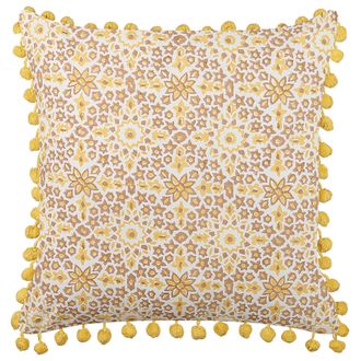 Beliani Coj&iacute;n De Algod&oacute;n Amarillo Blanco Marr&oacute;n 45 X 45 Cm Floral Pompones Lycrois
