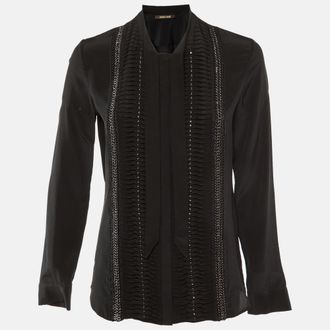 Roberto Cavalli Black Silk Studded Neck Tie Detail Shirt S
