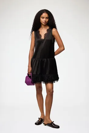 Ganni Black Dress in Lace Satin