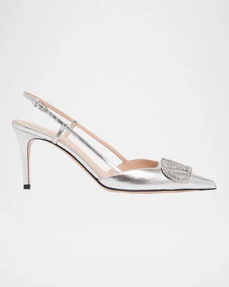 Valentino Garavani 80mm VLogo Signature Strass Metallic Leather Slingback Pumps