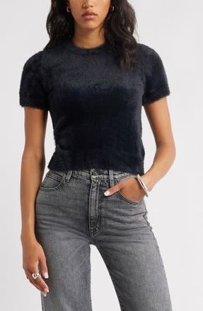 Open Edit Fuzzy Short Sleeve Sweater in Black at Nordstrom Rack, Size Small