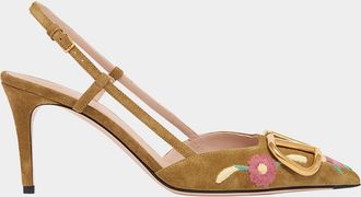 Valentino Garavani VLogo Signature Flower-Embroidered Suede Slingback Pumps