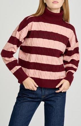 Wayf Sally Cable Knit Turtleneck Sweater in Pink Stripe at Nordstrom Rack, Size X-Small