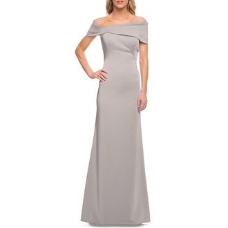 La Femme Simply Chic Off the Shoulder Jersey Gown in Silver at Nordstrom, Size 16