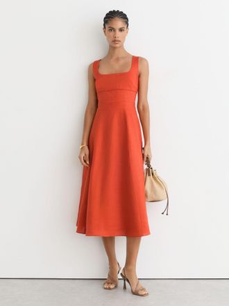 Reiss Coral Orange Linen Square-neck Midi Dress, 12