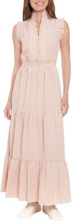 London Times Stripe Ruffle Sleeveless Tiered Maxi Dress in Rose at Nordstrom Rack, Size 10