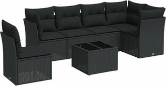 vidaXL Set De Comedor De Jard&iacute;n 7 Pzas Y Cojines Rat&aacute;n Sint&eacute;tico Negro Vidaxl