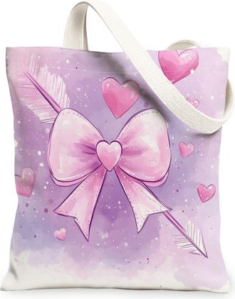 Generic Heart Bow Canvas Tote Bags, Romantic Peach Love Design Reusable Shopping Bags, Spring Floral Lightweight Washable Shoulder Strap Canvas for Travel Bea