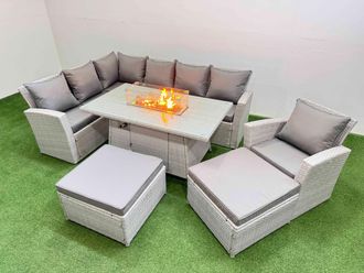 Fimous Rattan Corner Sofa Chair Set Gas Fire Pit Table with Temper Glass 2 Big Footstools Light Grey Mixed