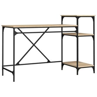 Berkfield Home Desk with Shelves Sonoma Oak 135x50x90 cm Engineered Wood&Iron in Light Oak | Size: 135 x 50 x 90 cm