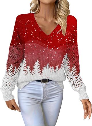 Generic Christmas Jumper for Women V-Neck Glitter Xmas Printed Tops Long Sleeve Lightweight Jumper Loose Soft Warm Lounge Wear Classy Xmas Sweater for Festiva