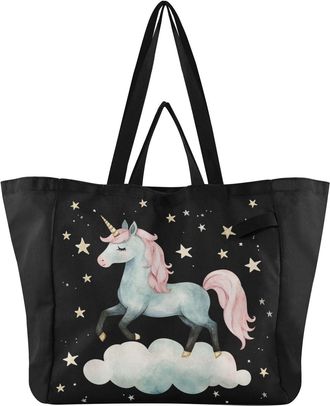 Generic Cloud Unicorn Black pattern Reusable Canvas Tote Bag, Heavy Duty Grocery Shopping Bag with Large Capacity Hard Bottom Double Handles Work Groceries Tr