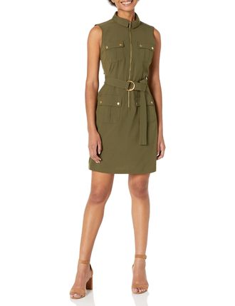 Sharagano Womens Sleeveless Shirt Dress with Front Pockets Casual, Olive Drab, 14