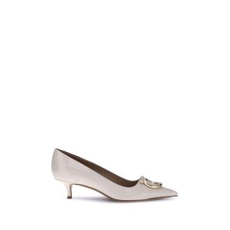Ferragamo Cream Calf Leather Bos Taurus Mid Heel Womens Pumps