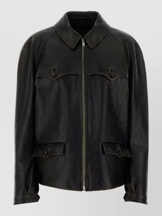 Prada leather jacket long sleeves buttoned pockets tabs
