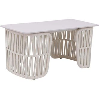 Hhg [NON UTILIZZATO] Tavolino da salotto HHG-224, tavolo da giardino balcone, intreccio, pietra 43x90x45cm, avorio piano avorio