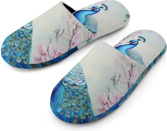 Generic Peacock And Flowers Mens Slippers Flannel Warm House Shoes with Rubber Anti-Slip Sole Slip On for Home Outdoor
