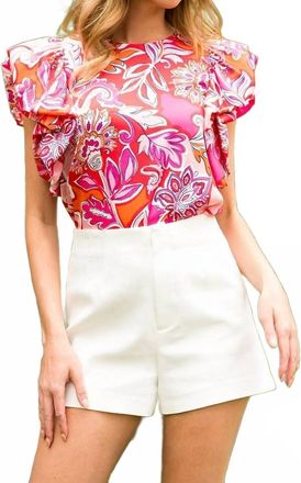 THML Clothing Flutter Poplin Sleeve Floral Top In Pink