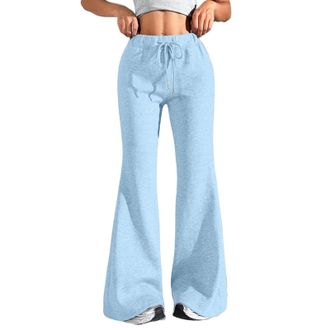 Generic Womens Flare Sweatpants Elastic High Waisted Wide Leg Joggers Solid Color Drawstring Bootcut Pants Baggy Sport Yoga Pants Plain Bootleg Tracksuit Casu