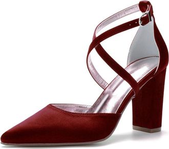 Generic Womens High Heels Satin Bridal Shoes Block Heel Wedding Shoes Pointy Toe Bridal Shoes Cross Strap Wedding Prom Party Heels 9Cm,Wine red,10 UK