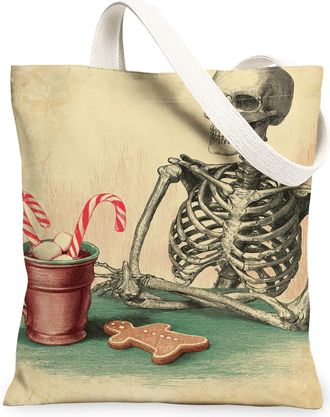 Generic Halloween Skeleton Canvas Tote Bags, Vintage Spooky Design Reusable Grocery Bags, Autumn Lightweight Washable Shoulder Stra, Beige, 13x15 Inch