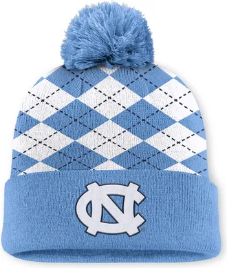 Nike Mens North Carolina Peak Argyle Jordan Brand College Cuffed Pom Beanie in Blue | JC164EYNCN-5GJ