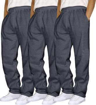 Generic 3 Pack Mens Straight Leg Sweat Pants with Pockets Baggy Men Plain Jogging Bottoms Joggers Fleece Pants Gym Sports Trousers Mens Open Hem Jog Pant Draw