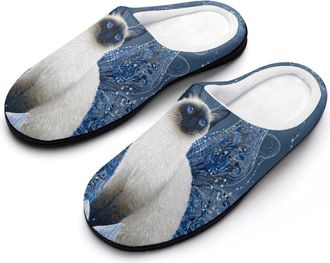 Generic Siamese Cat Beautiful Mens House Slippers Memory Foam Washable Cotton Slip on Home Shoes
