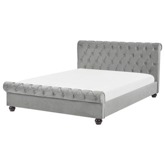 Beliani Cama De Agua De Terciopelo Gris Claro Negro 160 X 200 Cm Patas De Madera Avallon