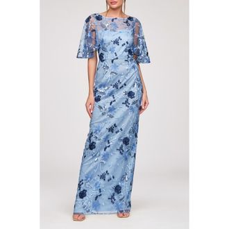 JS Collections Daphne Embroidered Sequin Column Gown in Azure at Nordstrom, Size 18