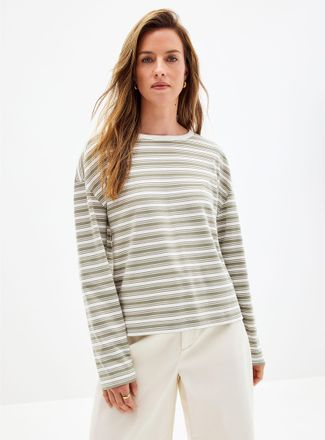 Contemporaine Womens Square-neck long-sleeve striped Pima cotton Tee Shirt