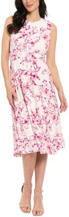 London Times Floral Sleeveless Inset Waist Eyelet Midi Dress in Ivory/Raspberry at Nordstrom Rack, Size 14