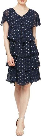 S.L. Fashions Polka Dot Tiered Georgette Dress in Navy Gold at Nordstrom, Size 12