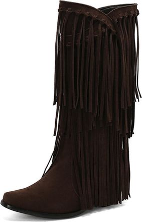 Generic Womens Square Toe Fringe Cowboy Boots Faux Suede Knee High Boots Block Heel Western Cowgirl Boot,Brown,4.5 UK