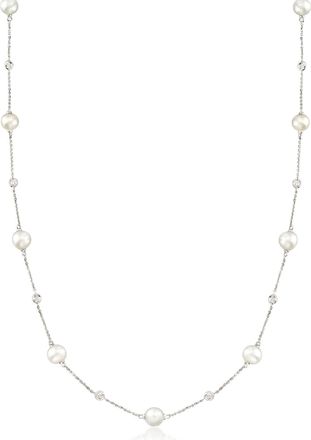 Ross-Simons 6-7mm Cultured Pearl and. Diamond Station Necklace in 14kt White Gold