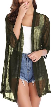 iClosam Women Casual 3/4 Sleeve Sheer Open Front Cardigan Sweater Kimono, Green, L