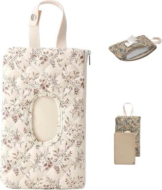 Generic Quilted Baby Diaper and Wipes Pouch, Portable Wipes Pouch with Lanyard - Refillable Floral Quilted Wipe Holder for Travel, Stroller & Daily Use (Beige