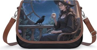 Generic Witch And Raven Moonlight Crossbody Bag Womens Handbag PU Message Bags Shoulder Purse with Adjustable Strap