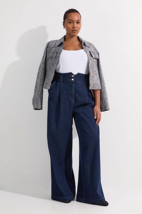 Karen Millen Womens Plus Size Denim Wide Leg Trousers - Indigo Blue Cotton - Size 22 UK
